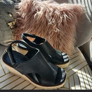 Black Leather Wedge Espadrilles Sandals Corkys